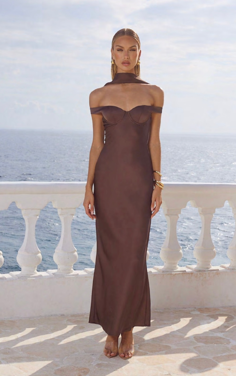 Raphaella Off Shoulder Maxi Dress - Bitter Chocolate