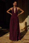 Isolina Halter Corset Maxi Dress - Wine