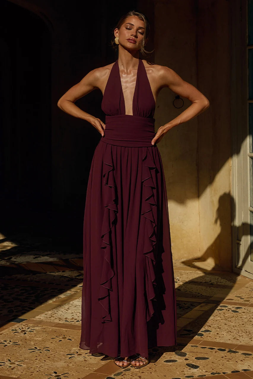 Isolina Halter Corset Maxi Dress - Wine