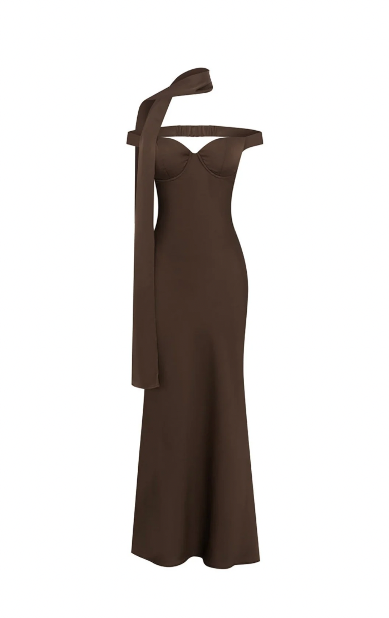 Raphaella Off Shoulder Maxi Dress - Bitter Chocolate