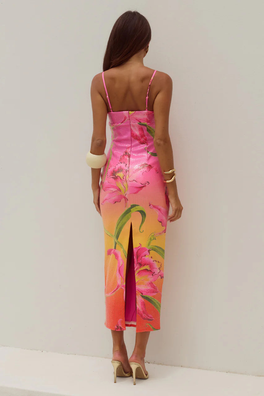Kyra Scoop Neck Sequin Midi Dress - Floral Ombre