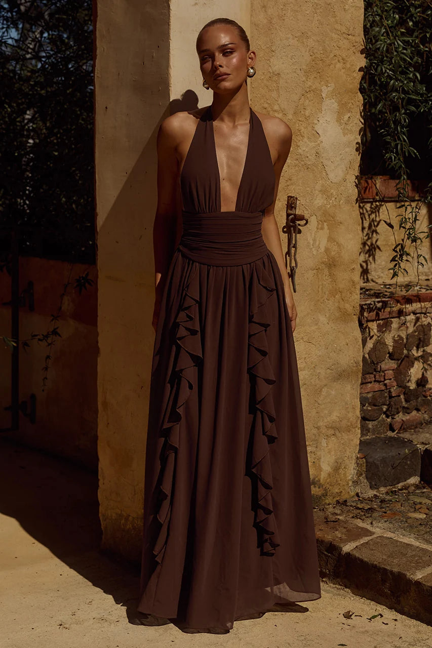 Isolina Halter Corset Maxi Dress - Chocolate