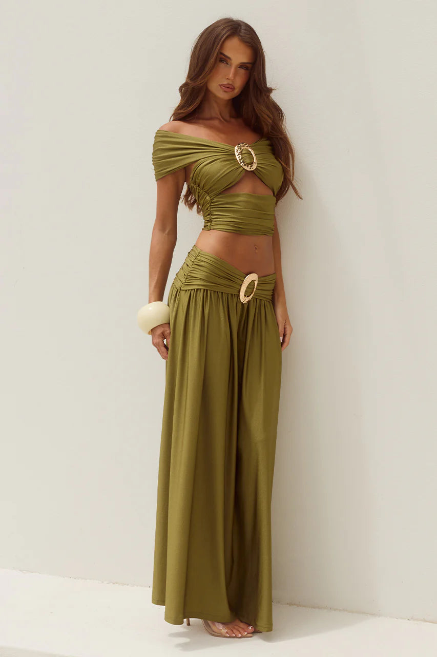 Nivali Draped Waist Maxi Skirt - Olive