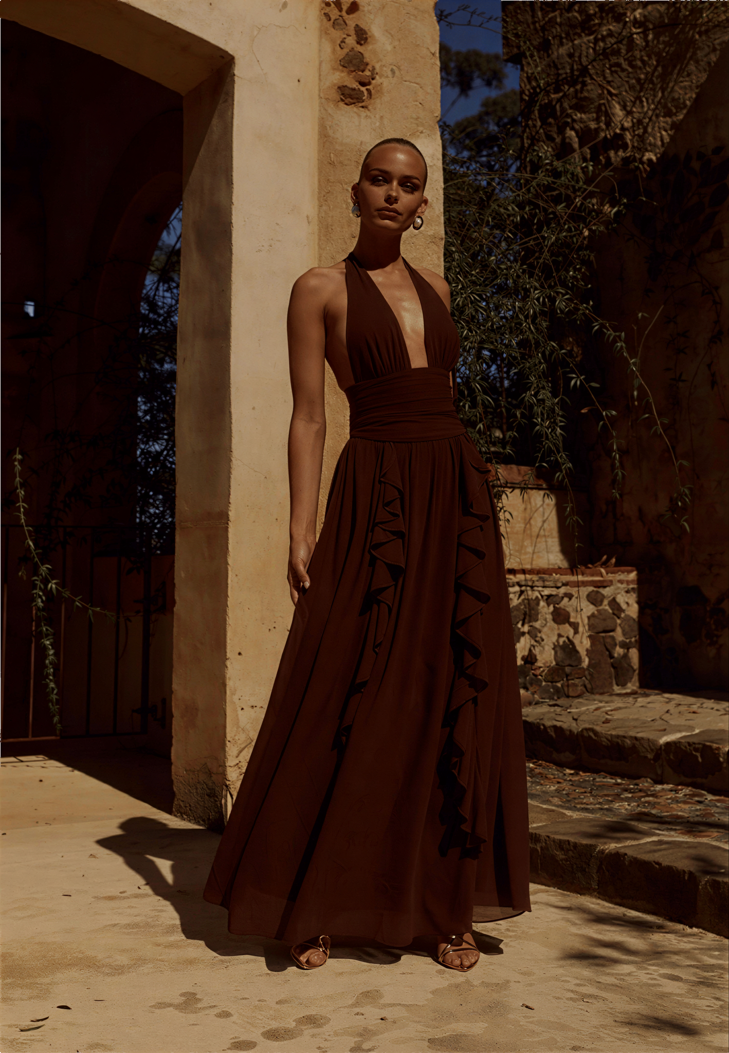 Isolina Halter Corset Maxi Dress - Chocolate