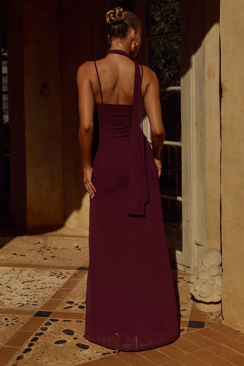 Liora Draped Scarf Maxi Dress - Wine