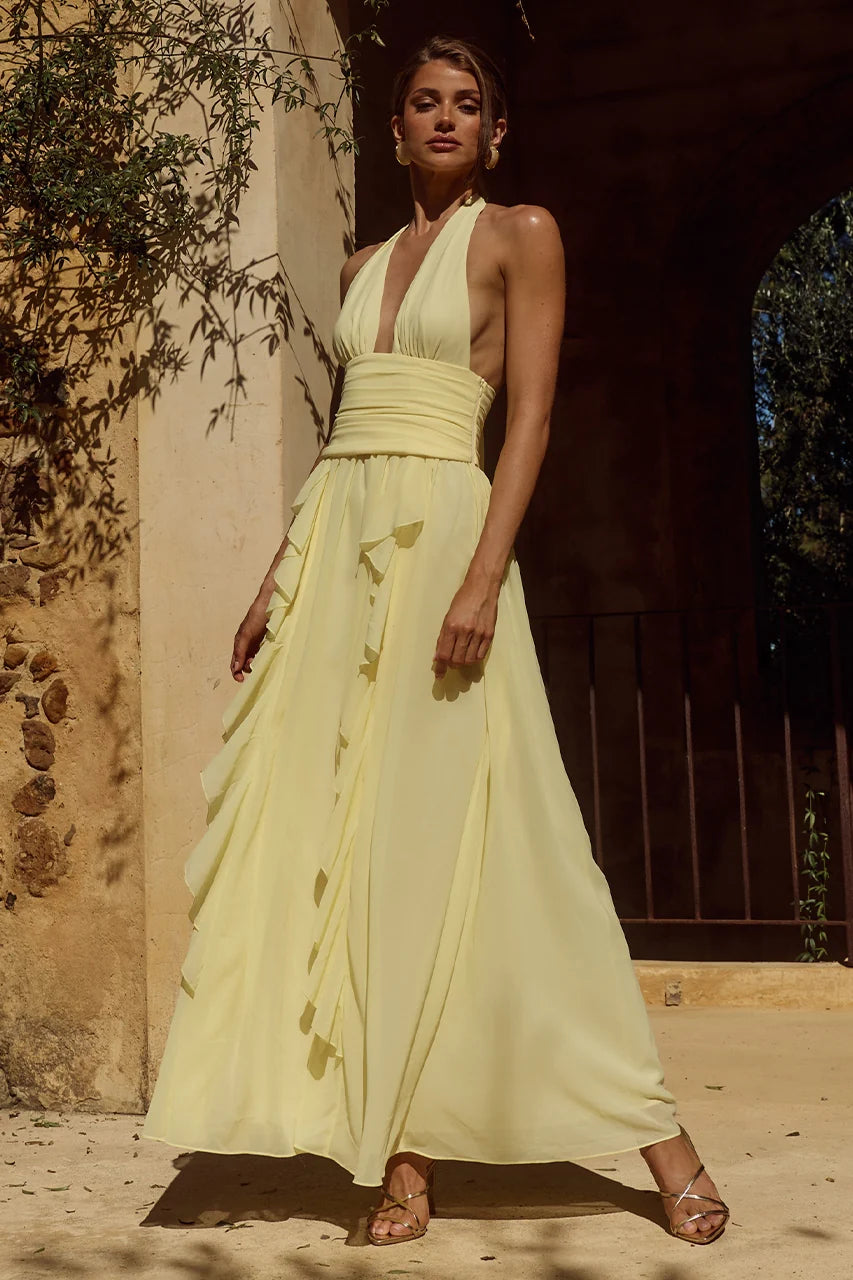 Isolina Halter Corset Maxi Dress - Butter