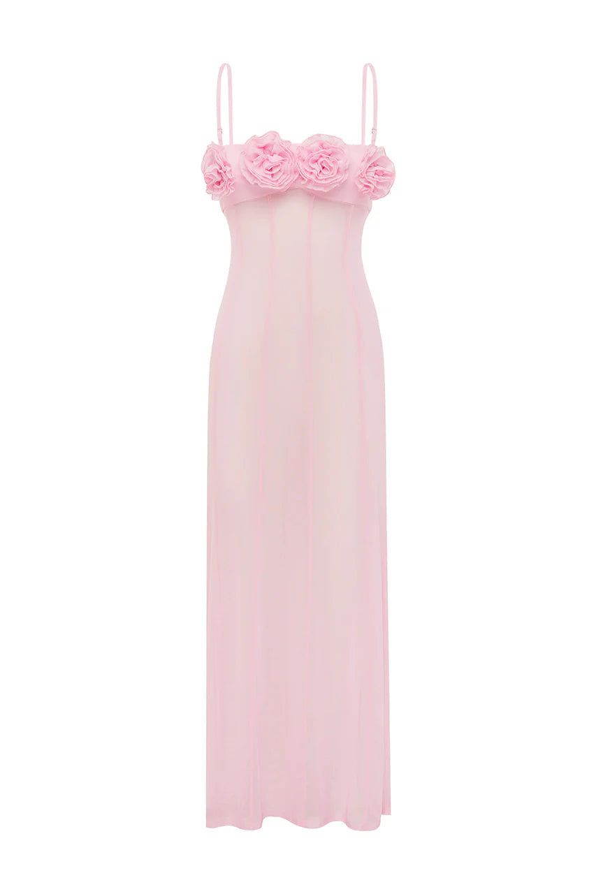 Demi Sheer Flower Trim Maxi Dress - Musk