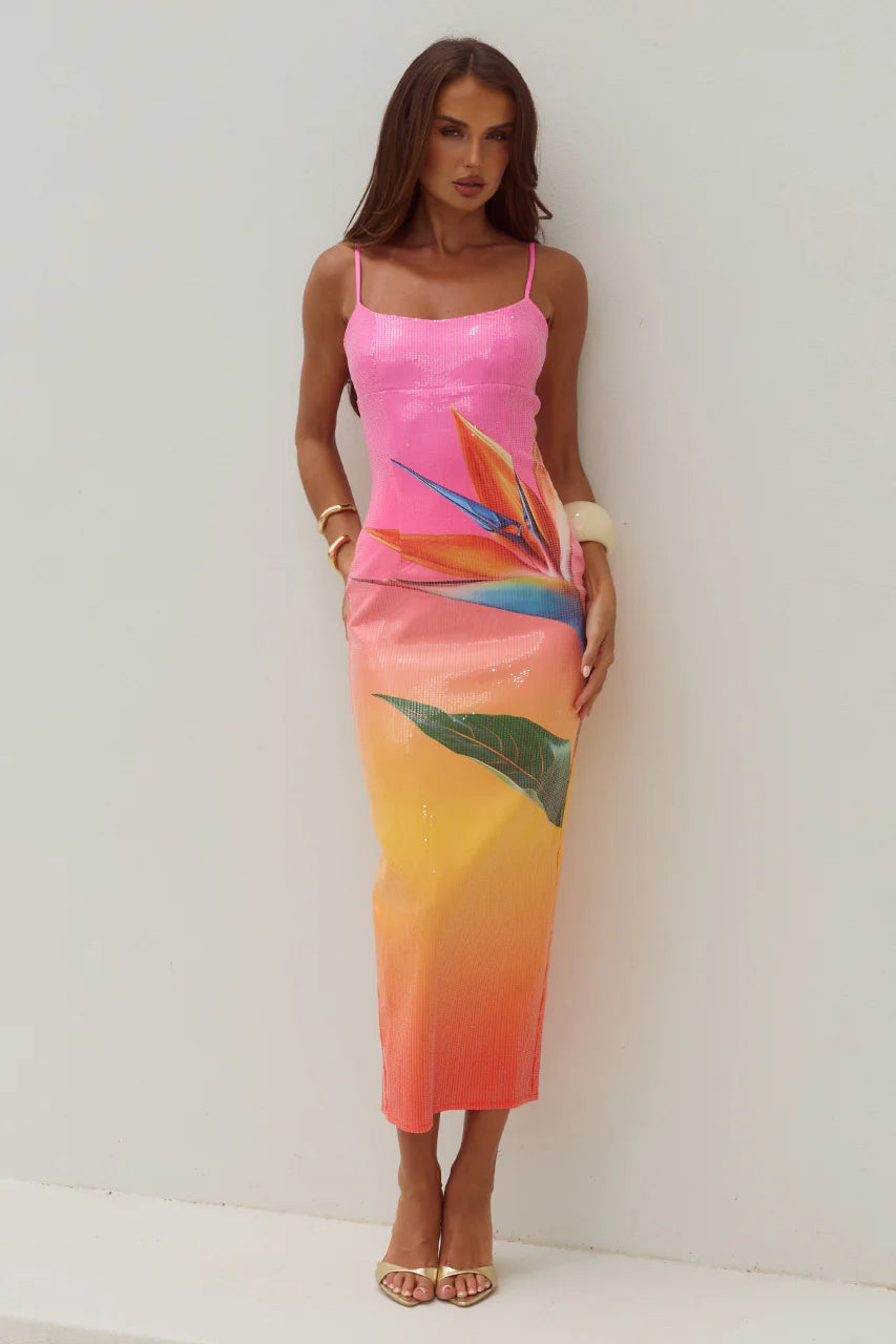 Kyra Scoop Neck Sequin Midi Dress - Tropical Ombre
