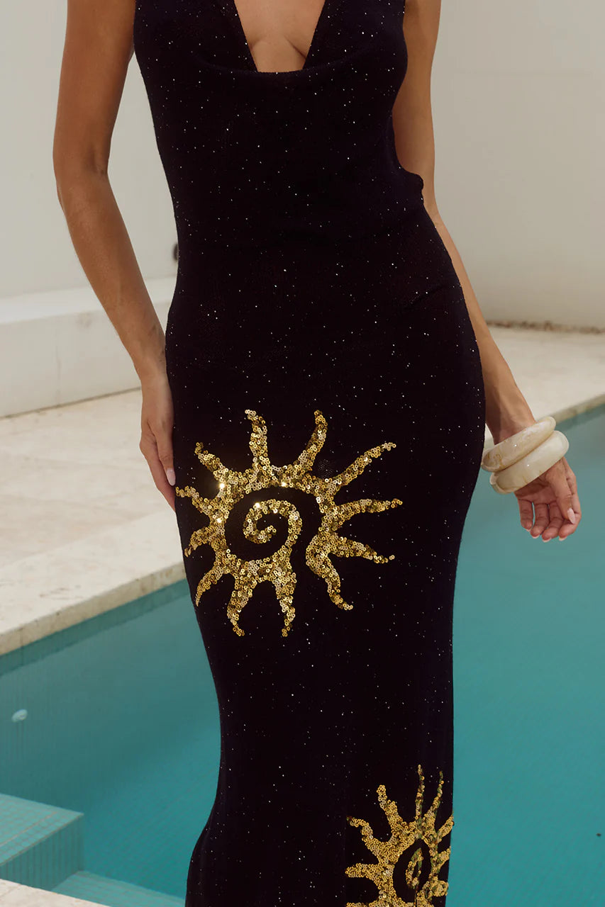 Yasmina Plunge Cowl Knit Maxi Dress - Black