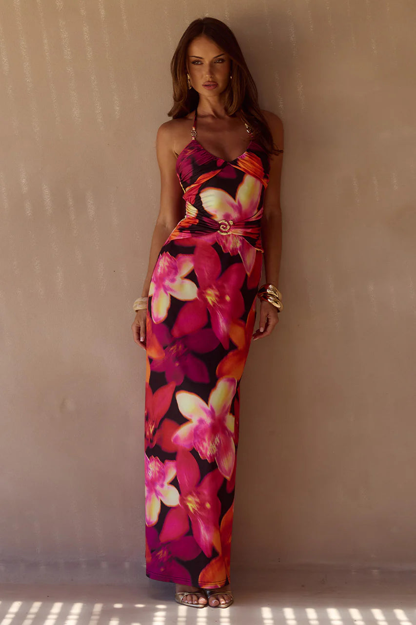 Nina Ruched Halter Maxi Dress - Skye Black