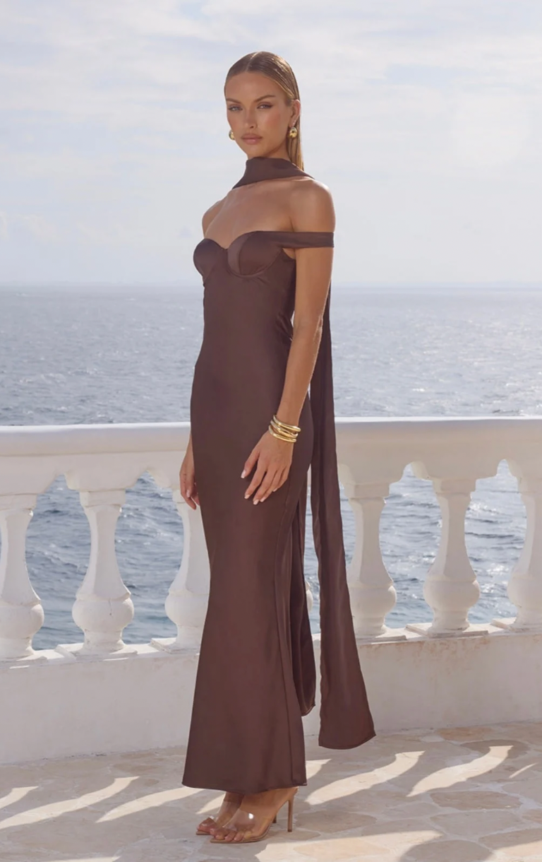Raphaella Off Shoulder Maxi Dress - Bitter Chocolate