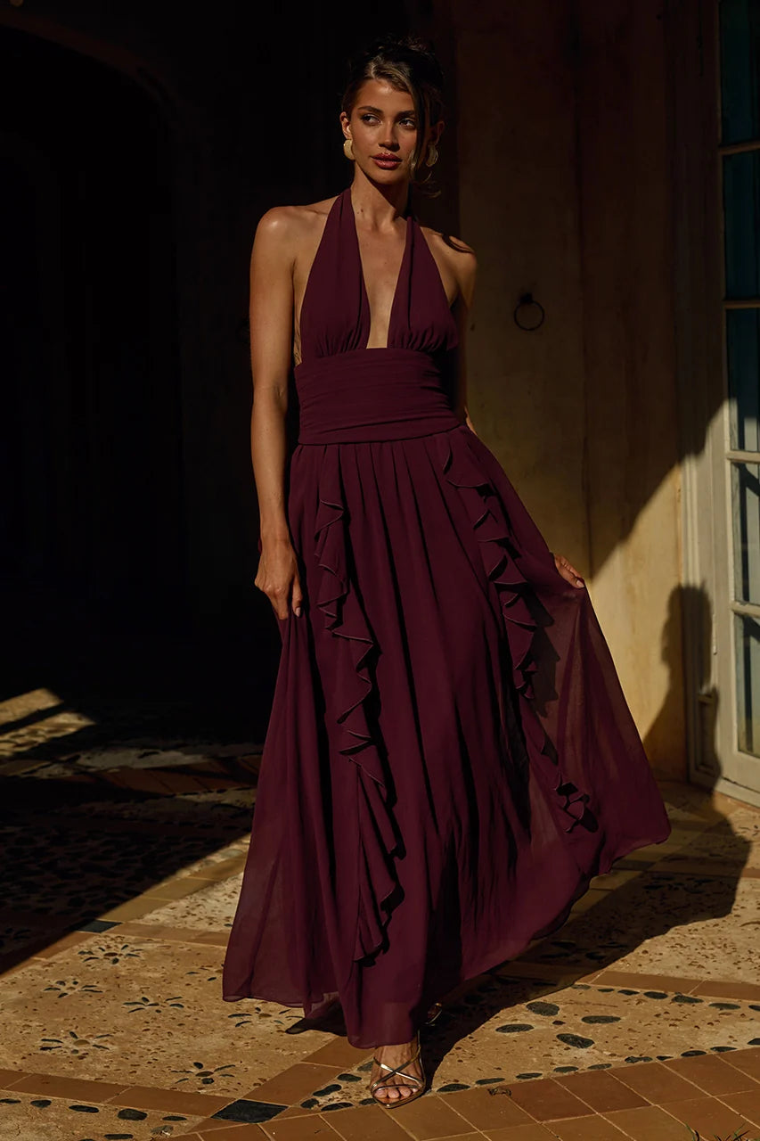 Isolina Halter Corset Maxi Dress - Wine