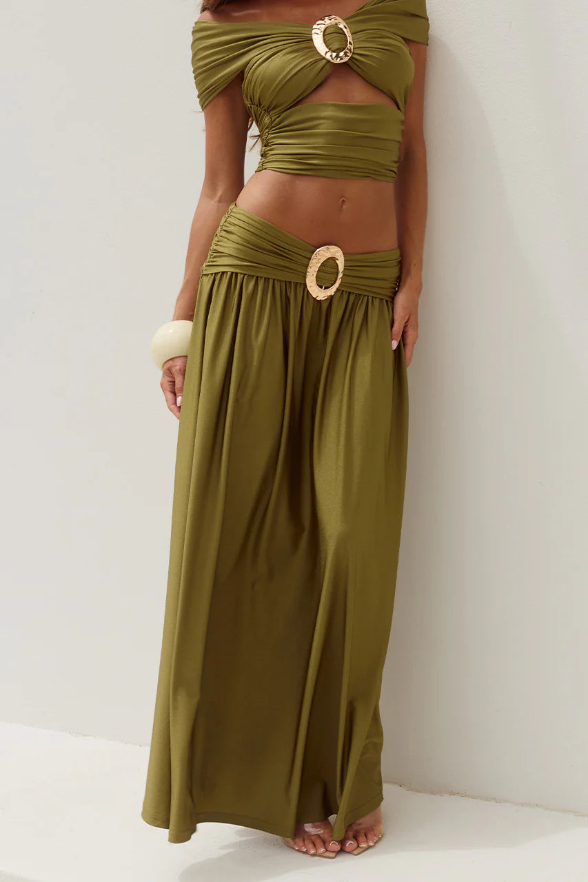 Nivali Draped Waist Maxi Skirt - Olive
