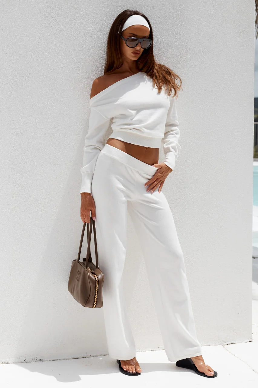 Heather Wide Leg Knit Pants - Cream