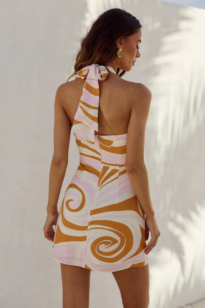 Claire Halter Mini Dress - Ritali Swirl Pink
