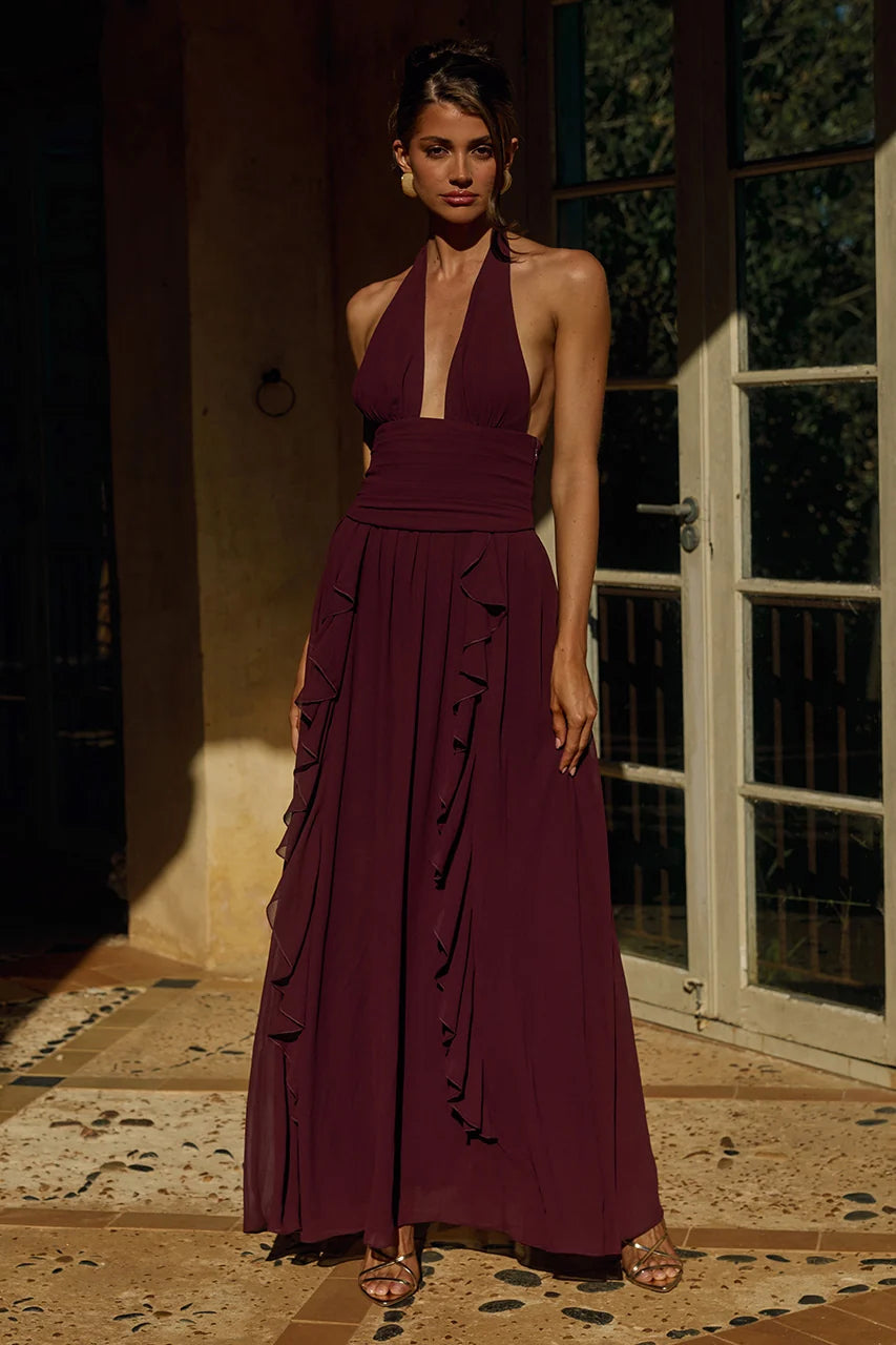 Isolina Halter Corset Maxi Dress - Wine