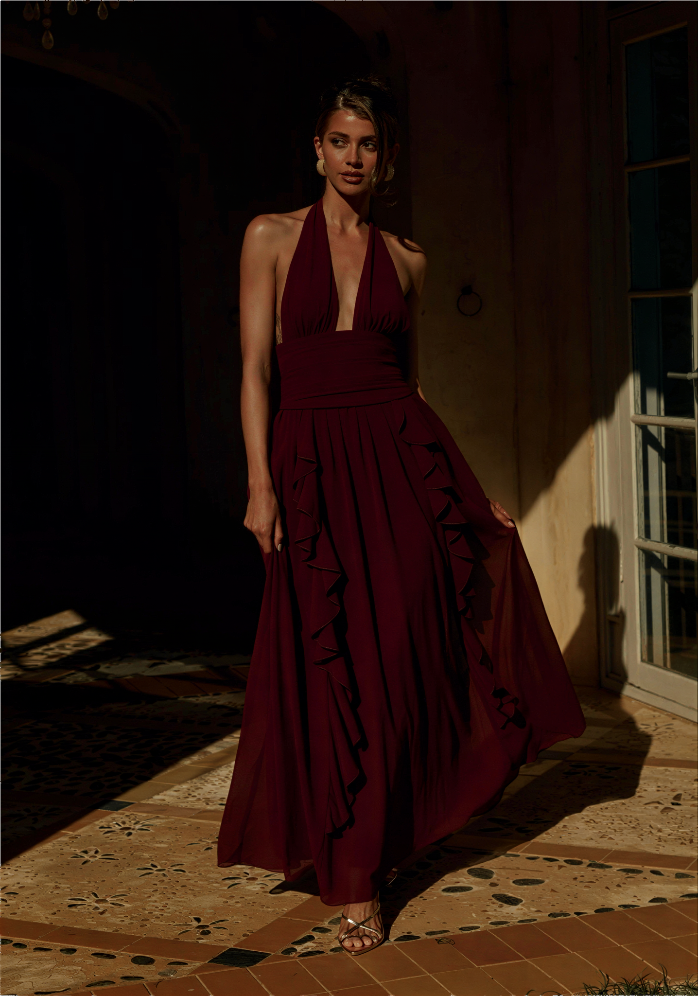 Isolina Halter Corset Maxi Dress - Wine