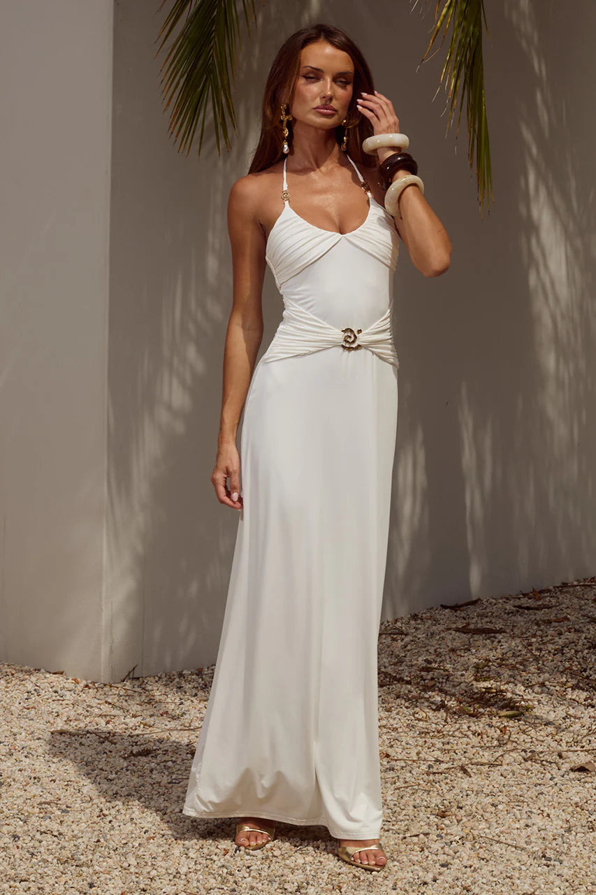 Nina Ruched Halter Maxi Dress - White