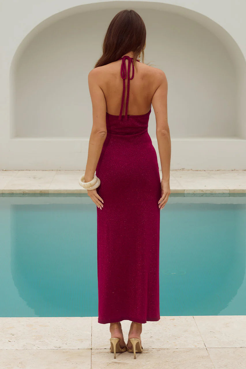 Ayella Deep-V Knit Maxi Dress - Berry