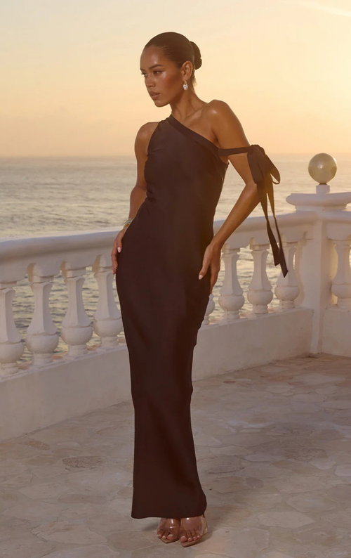 (XS) Viola One Shoulder Maxi Dress - Black