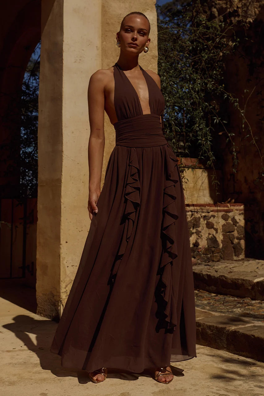 Isolina Halter Corset Maxi Dress - Chocolate