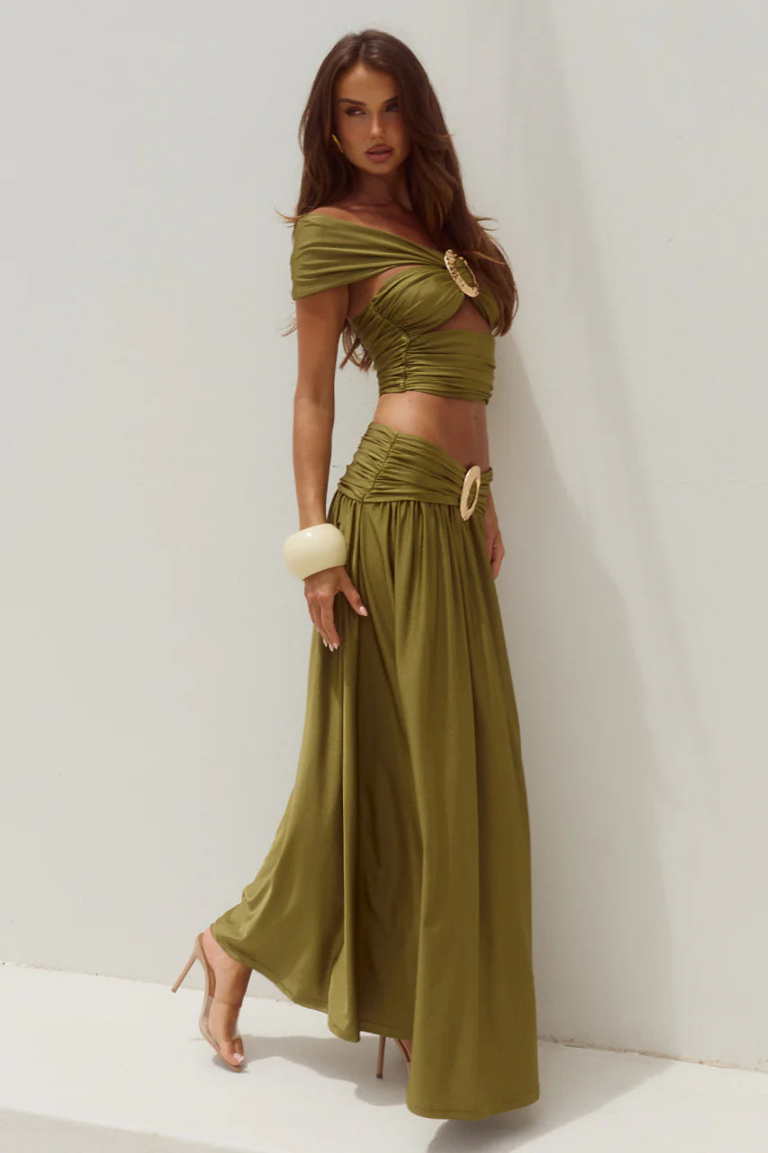 Nivali Draped Waist Maxi Skirt - Olive