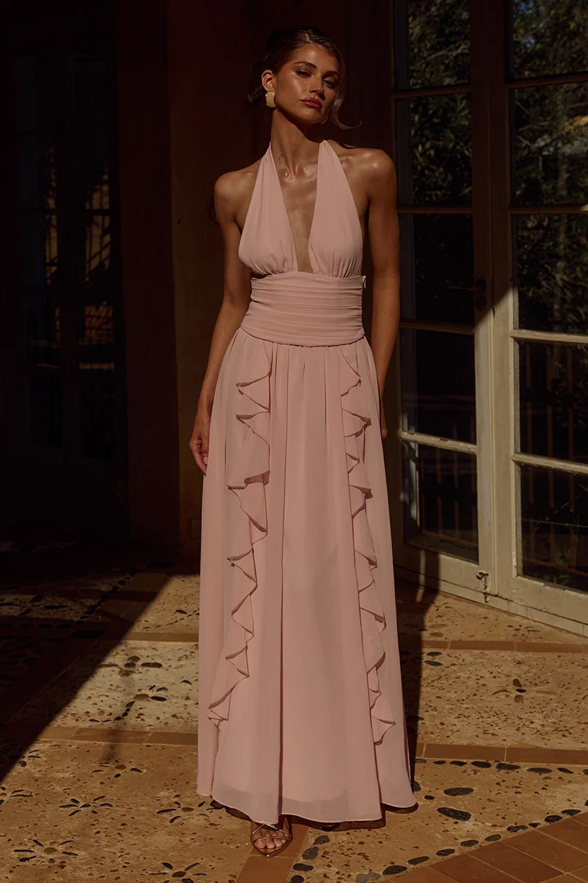 Isolina Halter Corset Maxi Dress - Pink