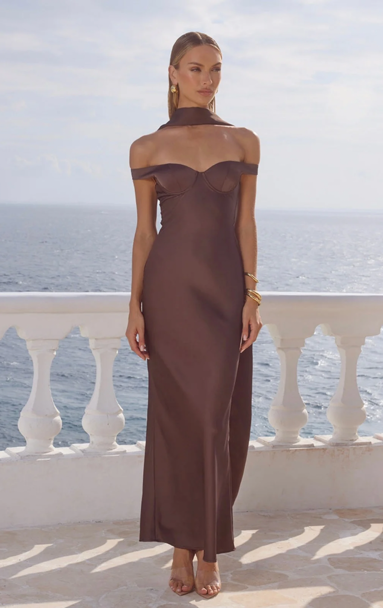 Raphaella Off Shoulder Maxi Dress - Bitter Chocolate