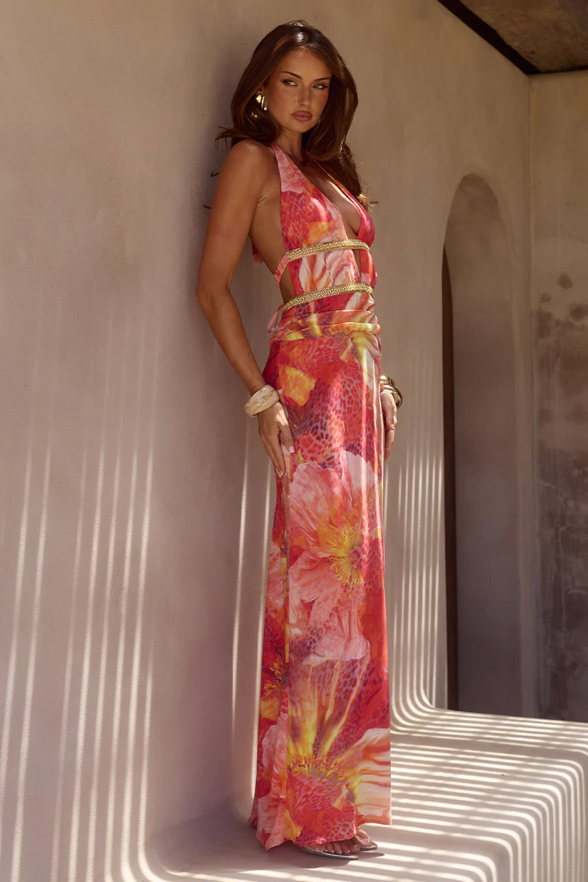 Xylia Halter Low Plunge Maxi Dress - Kiara Peach