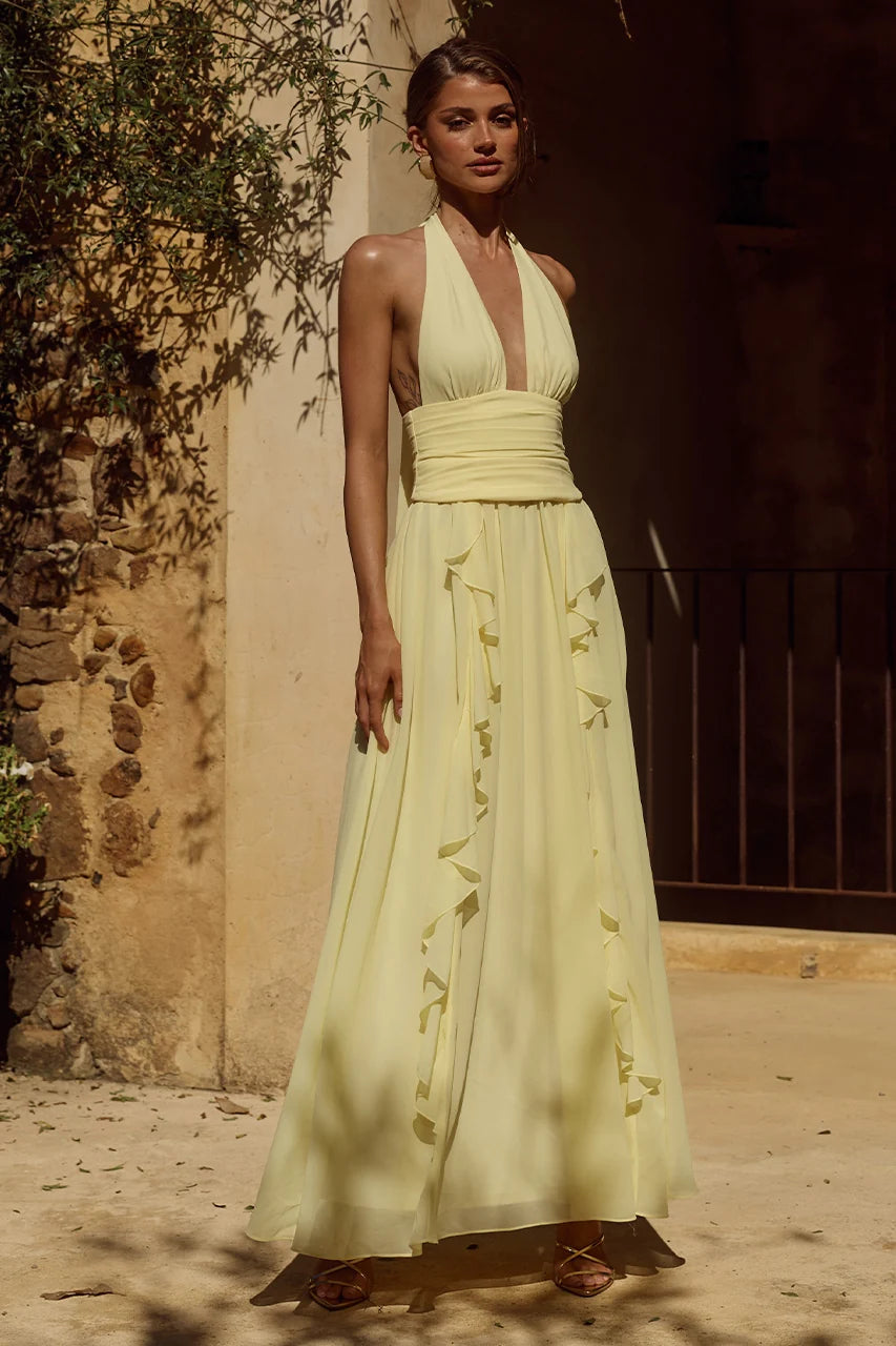 Isolina Halter Corset Maxi Dress - Butter