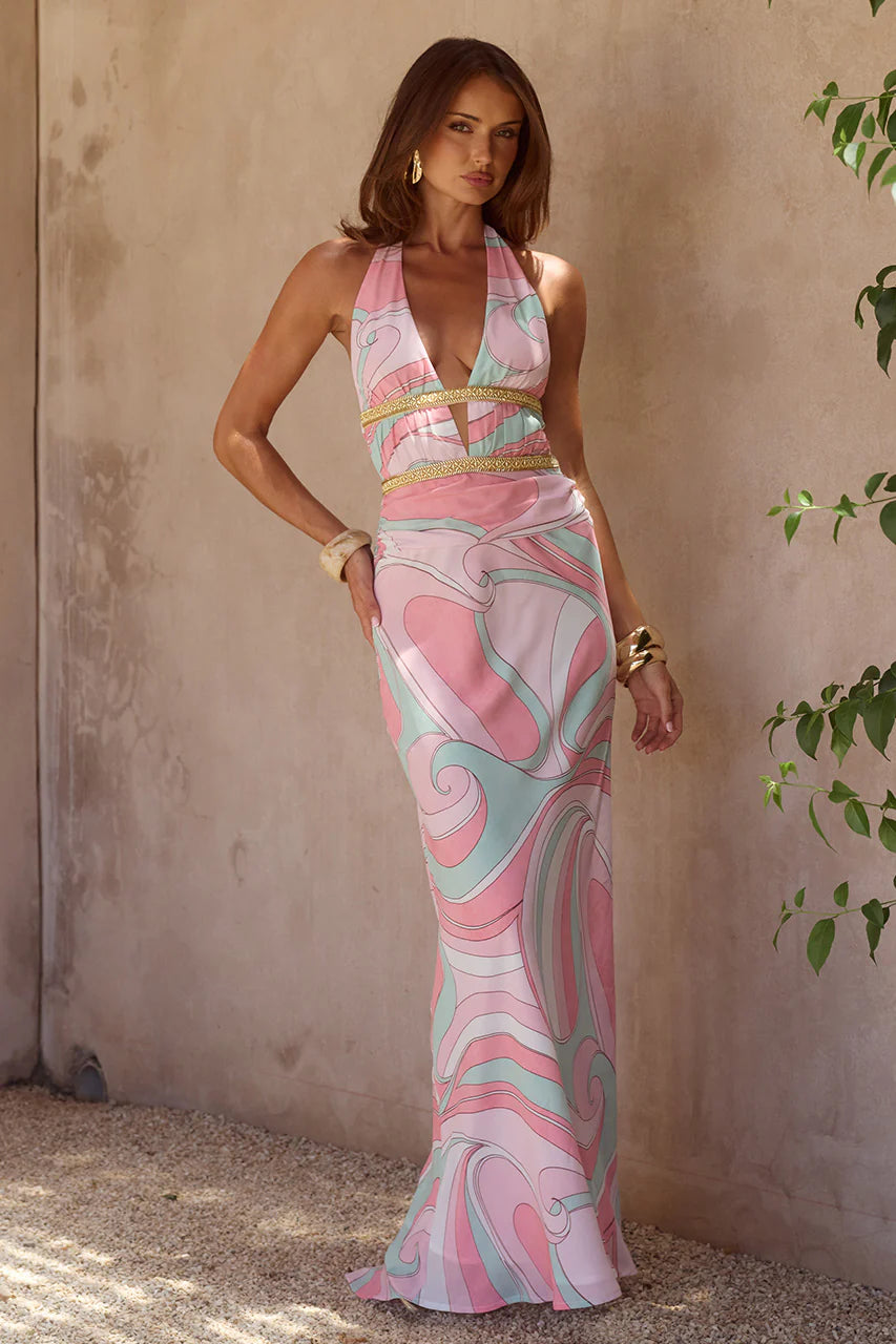 Xylia Halter Low Plunge Maxi Dress - Camino Pink