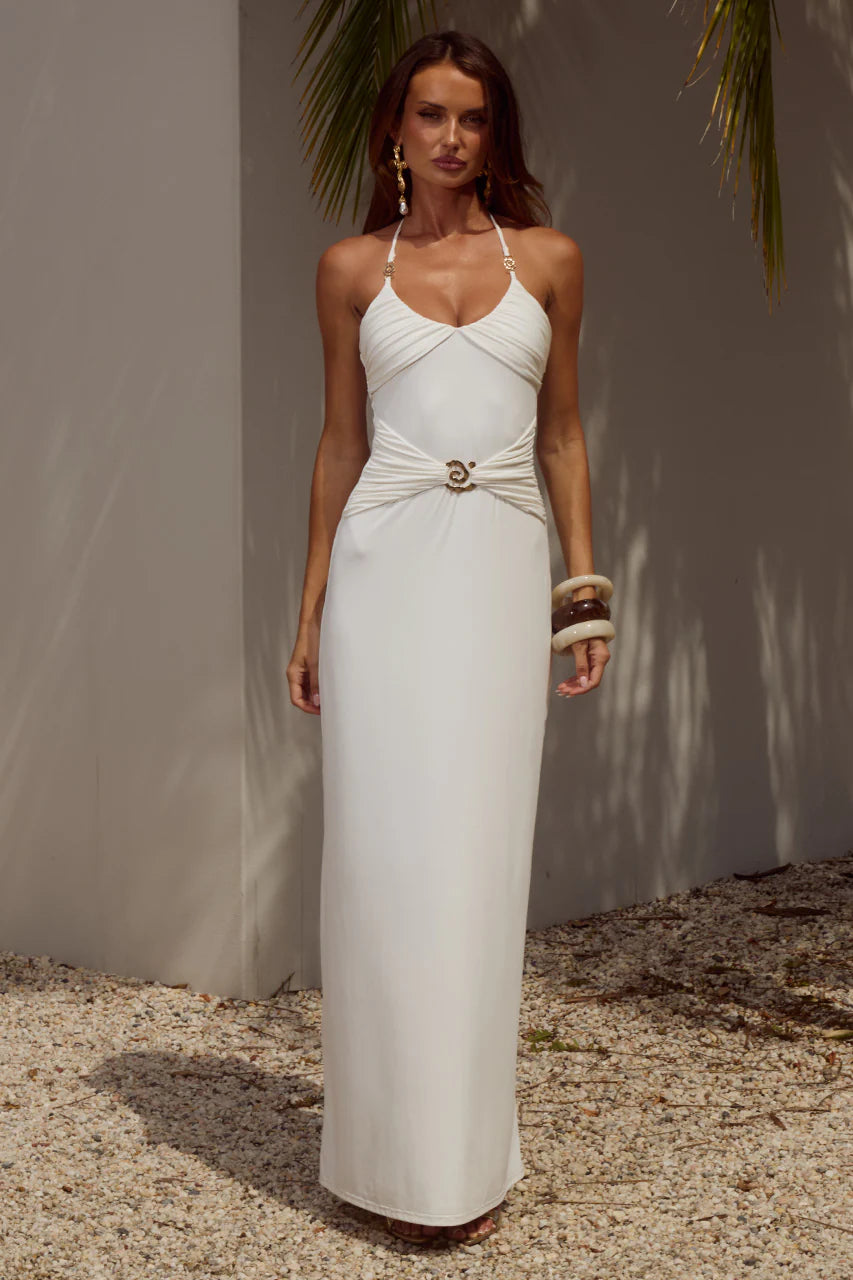 Nina Ruched Halter Maxi Dress - White