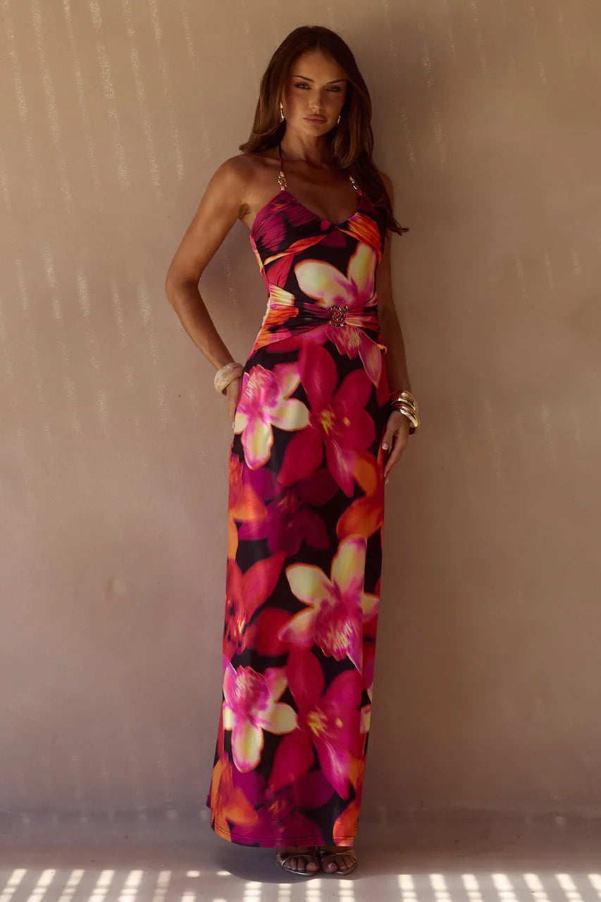 Nina Ruched Halter Maxi Dress - Skye Black