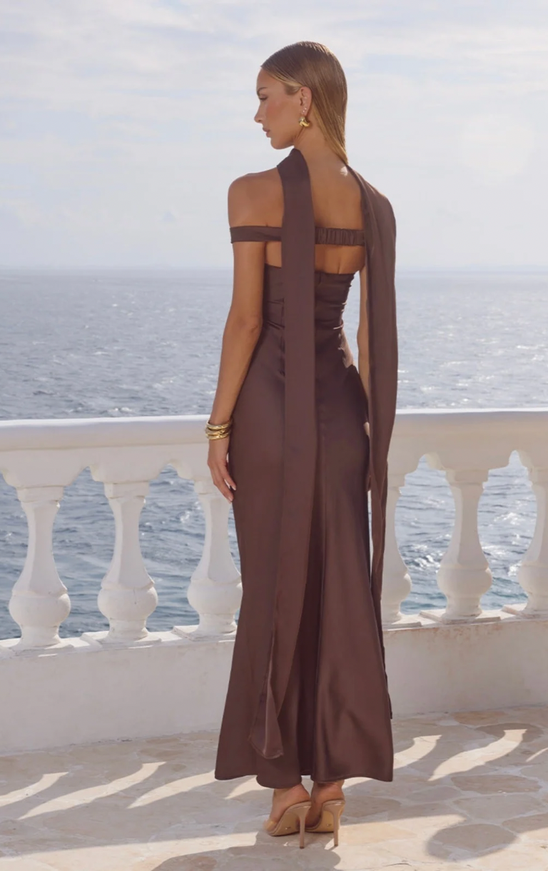 Raphaella Off Shoulder Maxi Dress - Bitter Chocolate