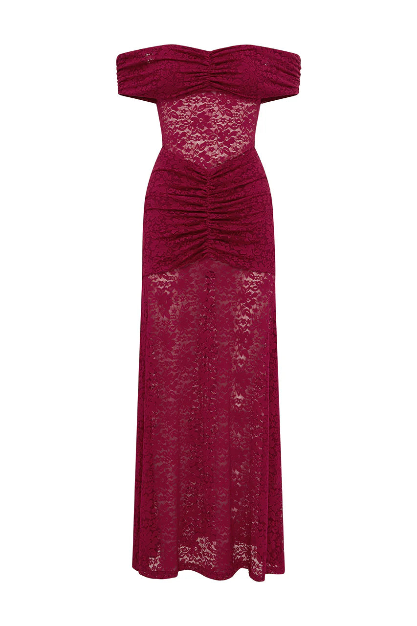 Vaneya Off Shoulder Lace Maxi Dress - Berry