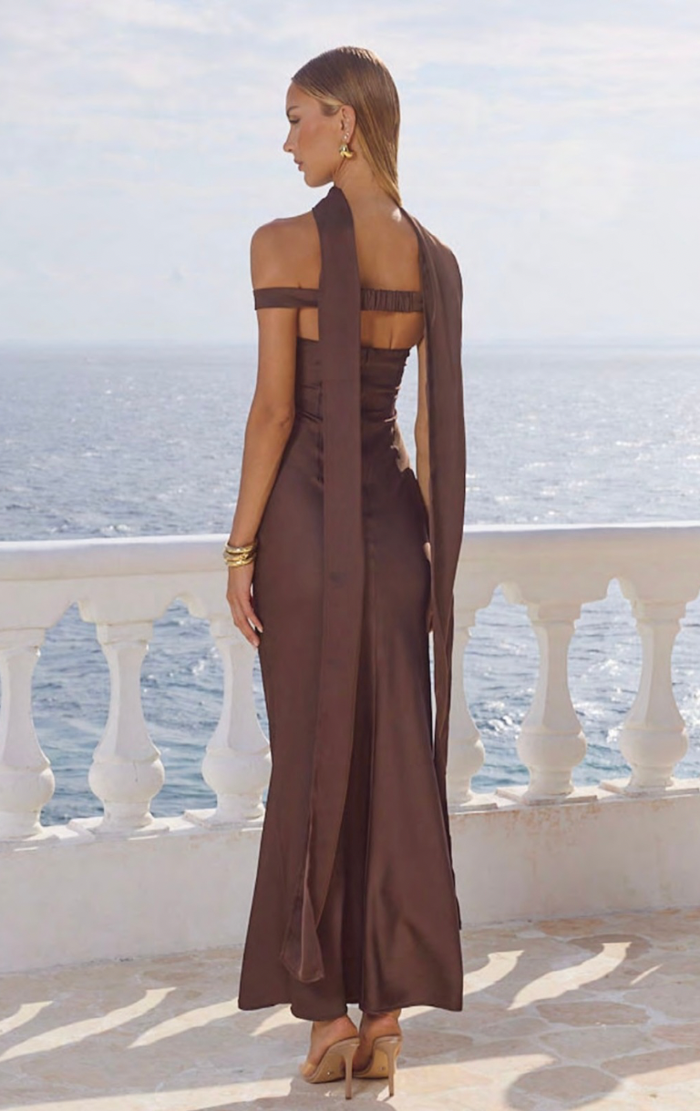 Raphaella Off Shoulder Maxi Dress - Bitter Chocolate