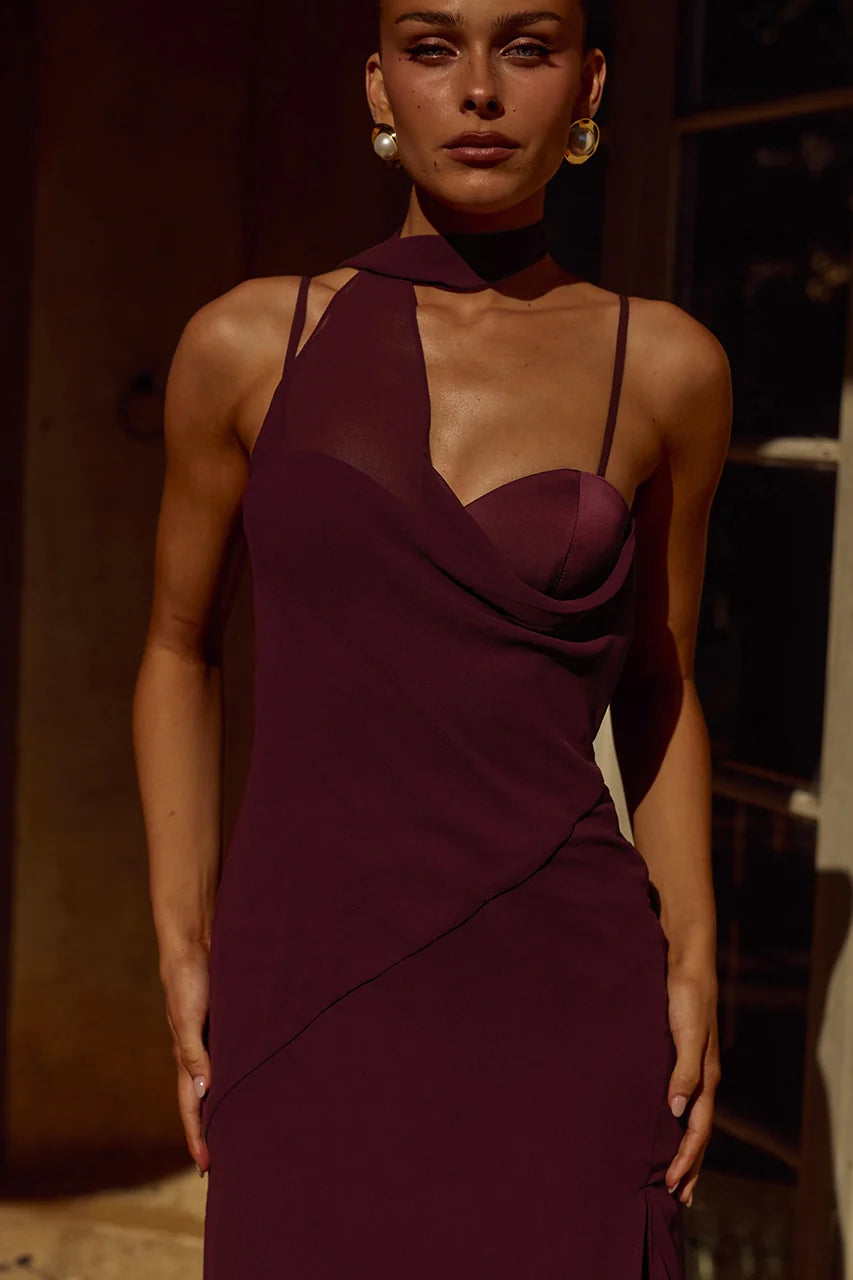 Liora Draped Scarf Maxi Dress - Wine
