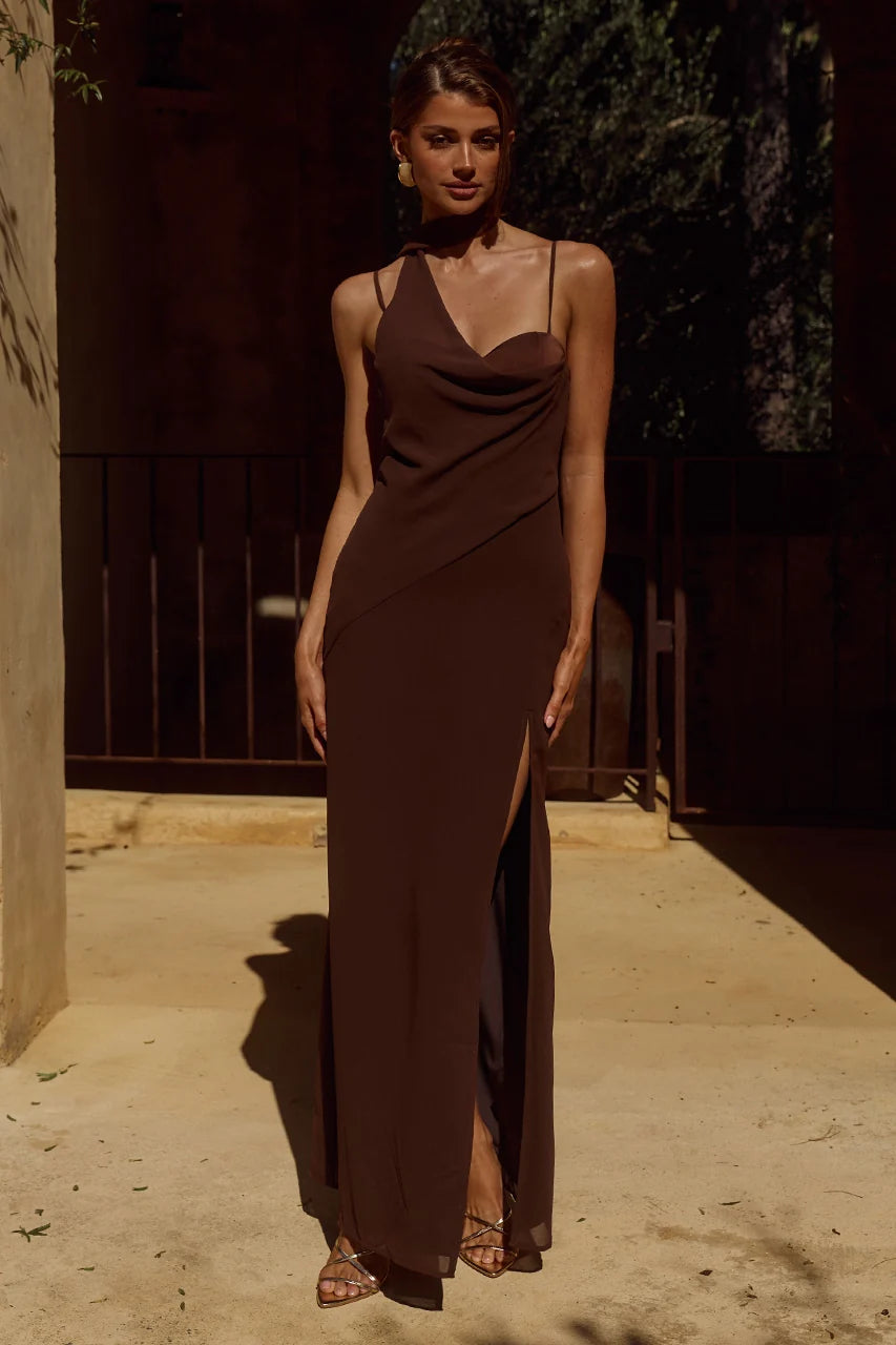 Liora Draped Scarf Maxi Dress - Chocolate