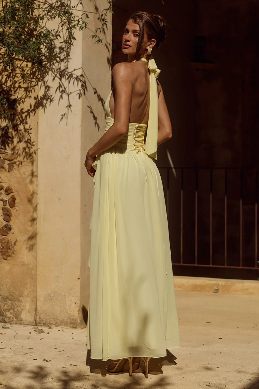 Isolina Halter Corset Maxi Dress - Butter