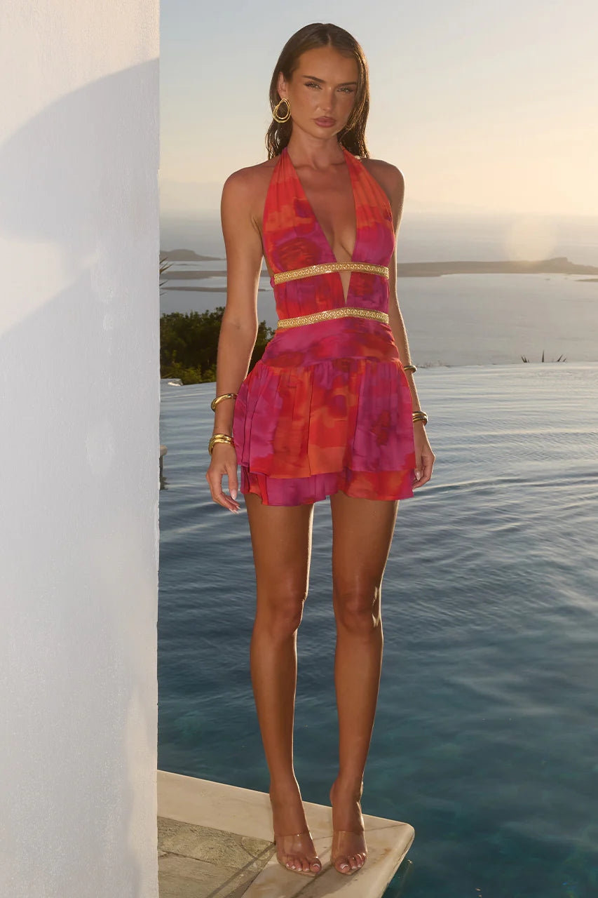 Xylia Halter Low Plunge Mini Dress - Suri Orange