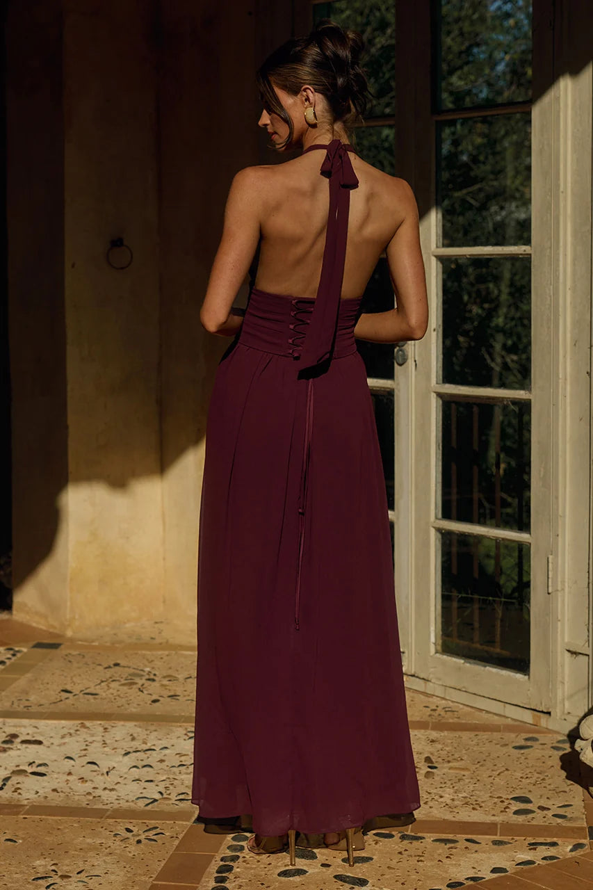 Isolina Halter Corset Maxi Dress - Wine