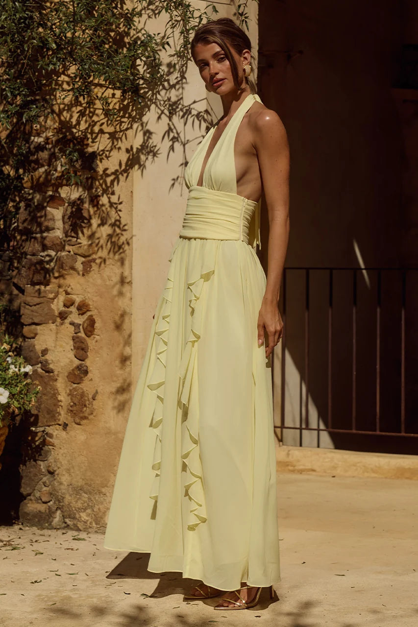 Isolina Halter Corset Maxi Dress - Butter