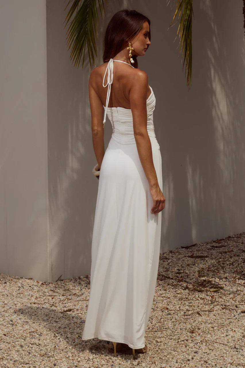 Nina Ruched Halter Maxi Dress - White