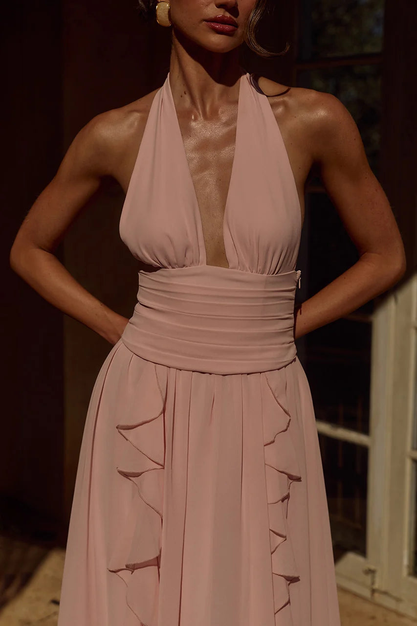 Isolina Halter Corset Maxi Dress - Pink
