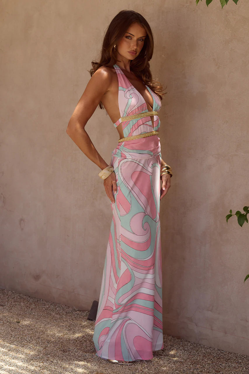 Xylia Halter Low Plunge Maxi Dress - Camino Pink