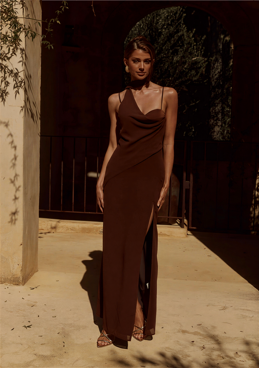 Liora Draped Scarf Maxi Dress - Chocolate