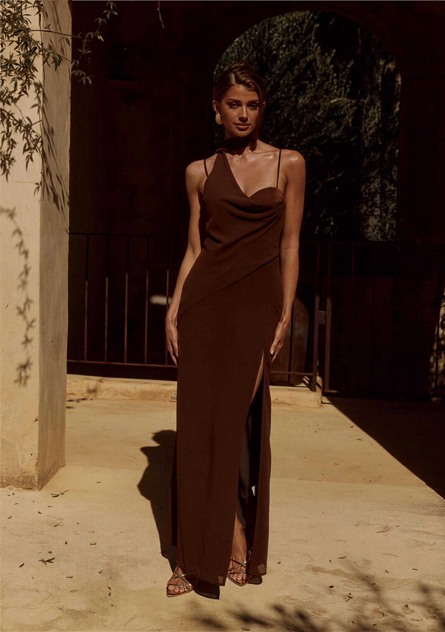 Liora Draped Scarf Maxi Dress - Chocolate