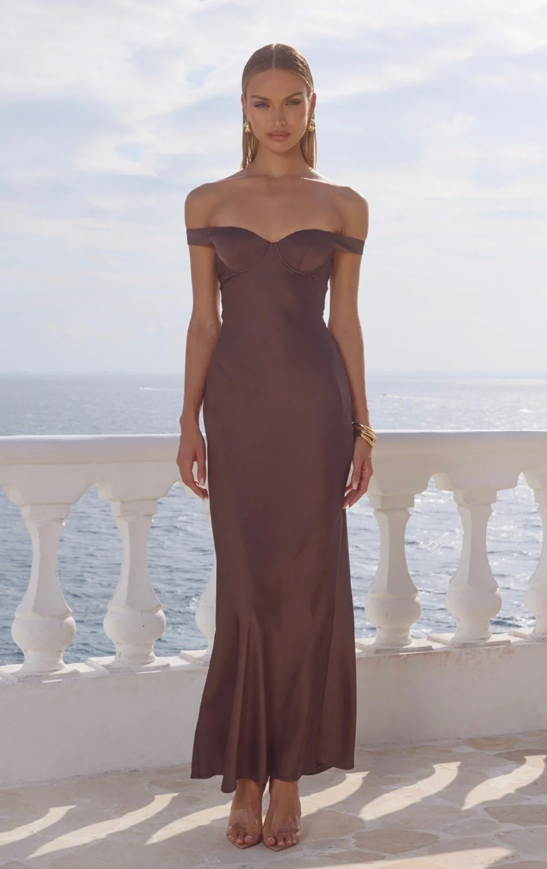 Raphaella Off Shoulder Maxi Dress - Bitter Chocolate