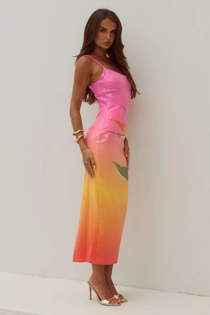 Kyra Scoop Neck Sequin Midi Dress - Tropical Ombre