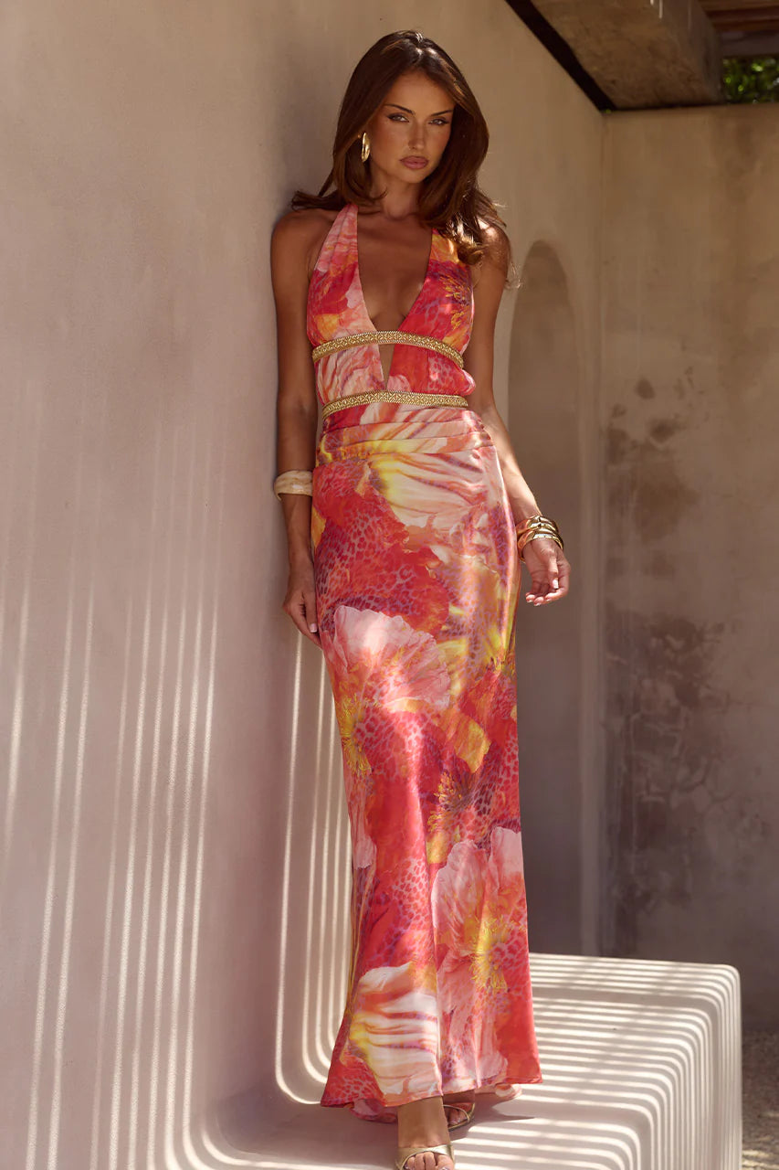 Xylia Halter Low Plunge Maxi Dress - Kiara Peach